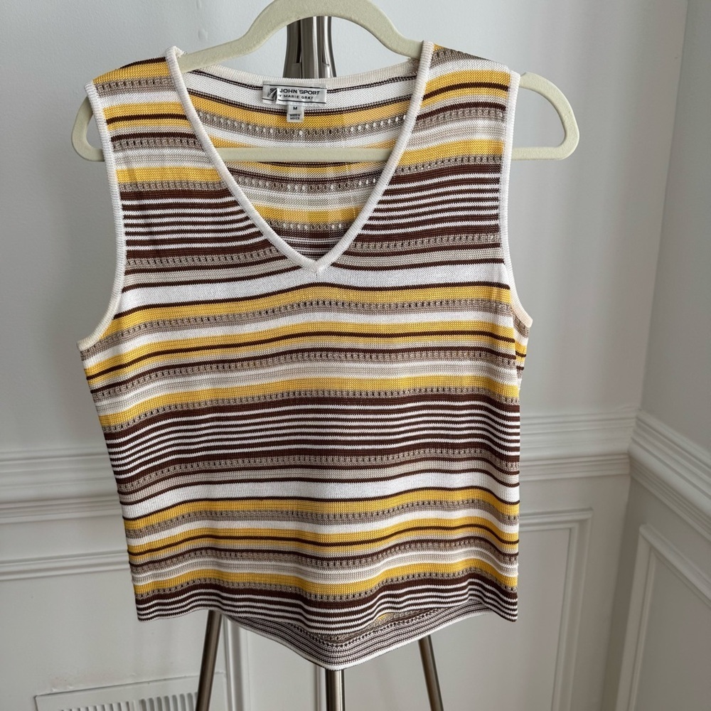 St. John Sport By Marie Gray Sleeveless Knit Top Brown, Yellow, White Medium